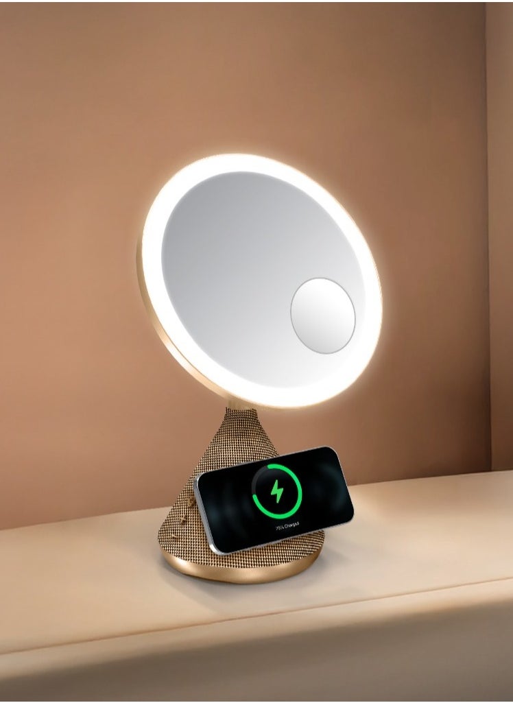 porodo - LED Makeup Mirror with Magsafe and Speaker / 30M Bluetooth Distance / 3 Color Temperatures / Magsafe Charger / Adjustable LED Light - Gold - Image 1