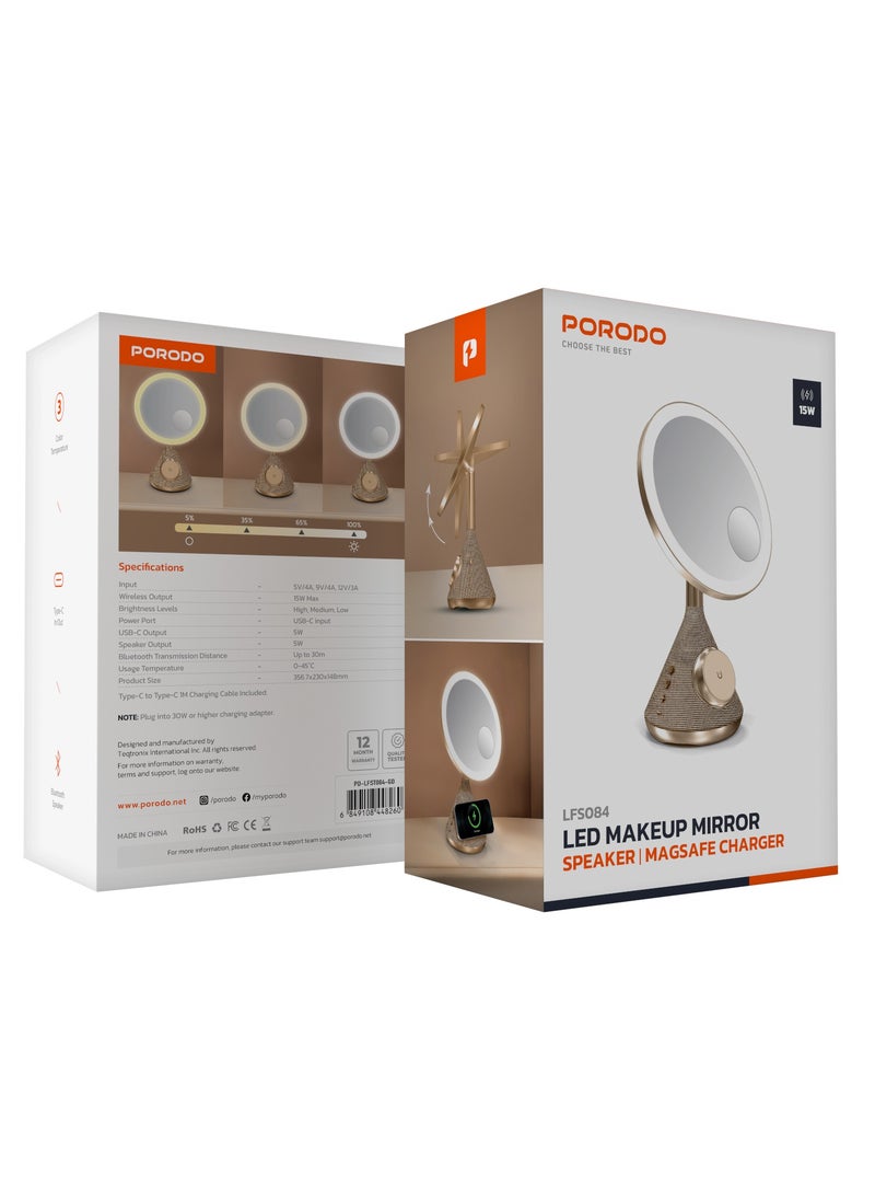 porodo - LED Makeup Mirror with Magsafe and Speaker / 30M Bluetooth Distance / 3 Color Temperatures / Magsafe Charger / Adjustable LED Light - Gold - Image 1