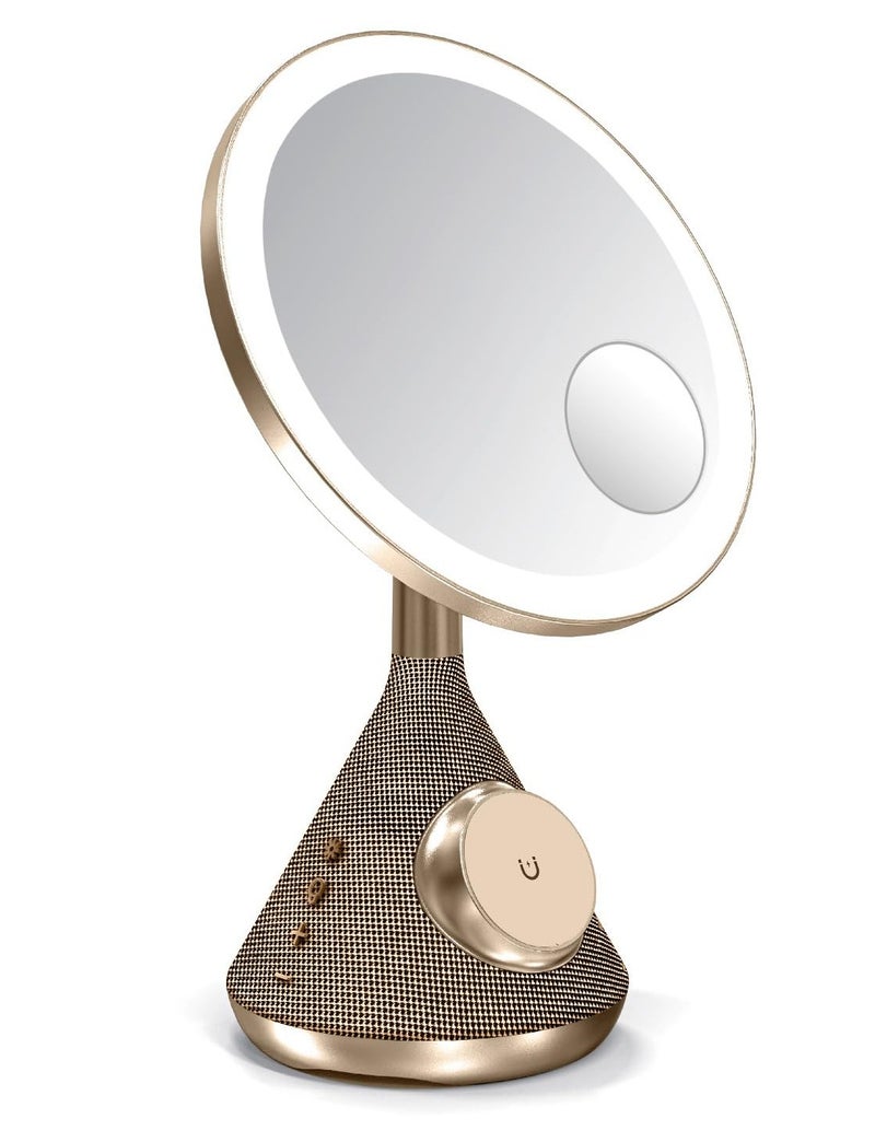 بورودو مرآة مكياج LED، متوافقة مع MagSafe، مخرج مكبر صوت 5 واط، شحن لاسلكي 15 واط، 3 درجات حرارة للضوء، مرآة مكياج مضاءة للطاولة لغرفة الملابس أو غرفة النوم - ذهبي - Image 1