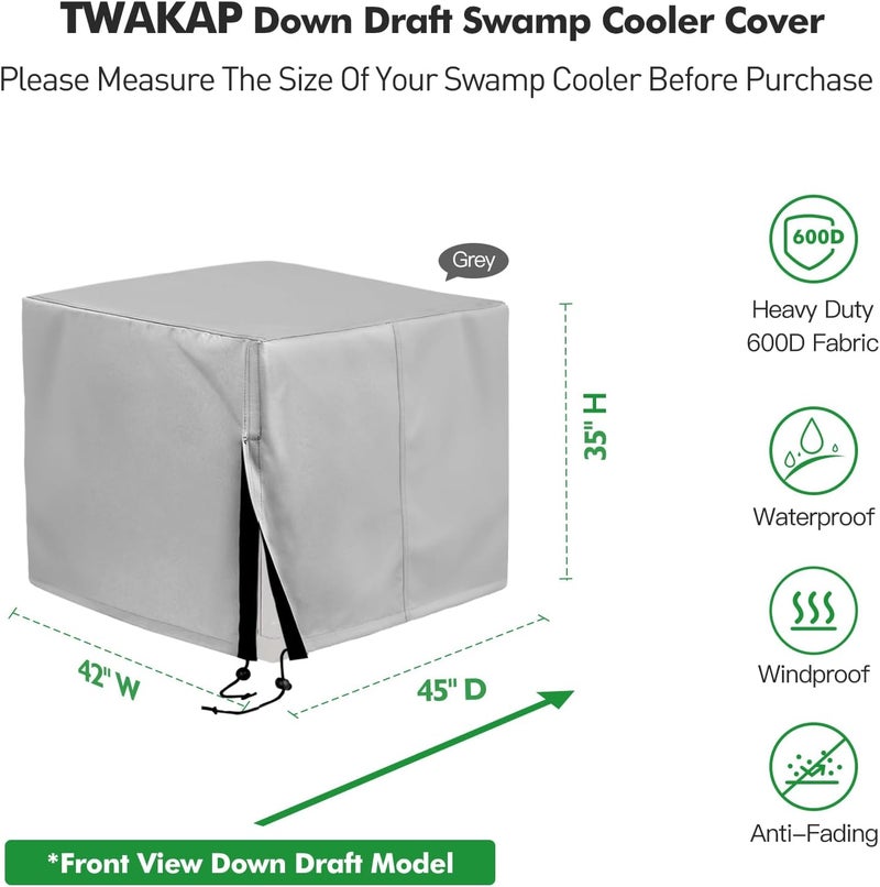 TWAKAP Down Draft Swamp Cooler Cover with 2 Tie Down Straps, Heavy Duty Down Draft Evaporative Cooler Cover, Waterproof Evaporative Cooler Down Discharge Covers, 42" W x 45" D x 35" H - Image 3