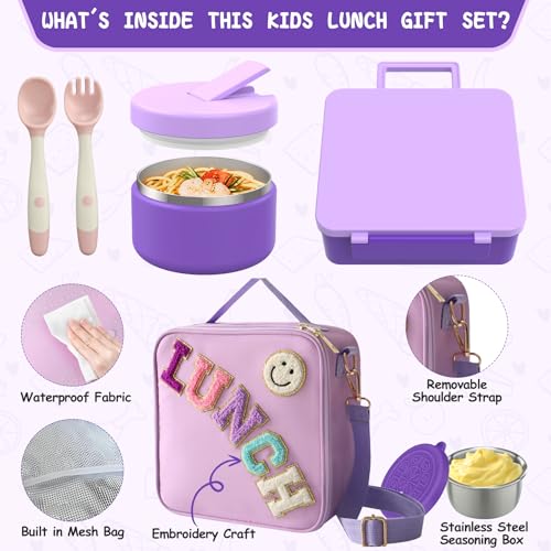Aimsnk Kids Bento Lunch Box with 8oz Soup Thermo, Kids Leakproof Lunch Food Containers with 4 Compartment,Insulated Hot Food Jar with Lunch Bag for School, Travel (Purple) - Image 2