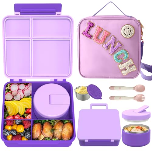 Aimsnk Kids Bento Lunch Box with 8oz Soup Thermo, Kids Leakproof Lunch Food Containers with 4 Compartment,Insulated Hot Food Jar with Lunch Bag for School, Travel (Purple) - Image 1
