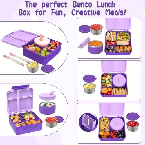 Aimsnk Kids Bento Lunch Box with 8oz Soup Thermo, Kids Leakproof Lunch Food Containers with 4 Compartment,Insulated Hot Food Jar with Lunch Bag for School, Travel (Purple) - Image 5