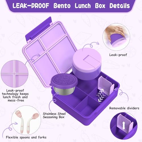 Aimsnk Kids Bento Lunch Box with 8oz Soup Thermo, Kids Leakproof Lunch Food Containers with 4 Compartment,Insulated Hot Food Jar with Lunch Bag for School, Travel (Purple) - Image 4