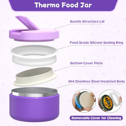 Aimsnk Kids Bento Lunch Box with 8oz Soup Thermo, Kids Leakproof Lunch Food Containers with 4 Compartment,Insulated Hot Food Jar with Lunch Bag for School, Travel (Purple) - Image 3
