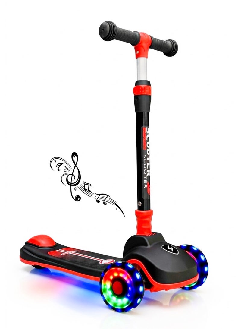 Second Bike High-quality children's scooter with three wheels, large pedals, foldable design, made of polyurethane, adjustable height, LED lights, and music. The perfect gift for ages 3 to 12. Red. - Image 1