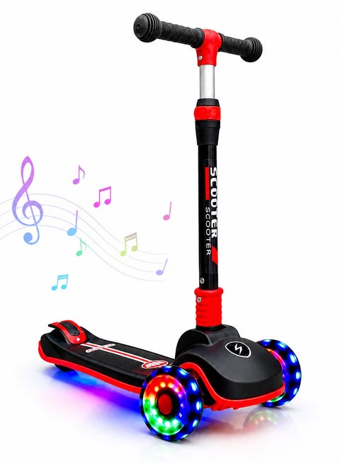 High-quality children's scooter with three wheels, large pedals, foldable design, made of polyurethane, adjustable height, LED lights, and music. The perfect gift for ages 3 to 12. Red.