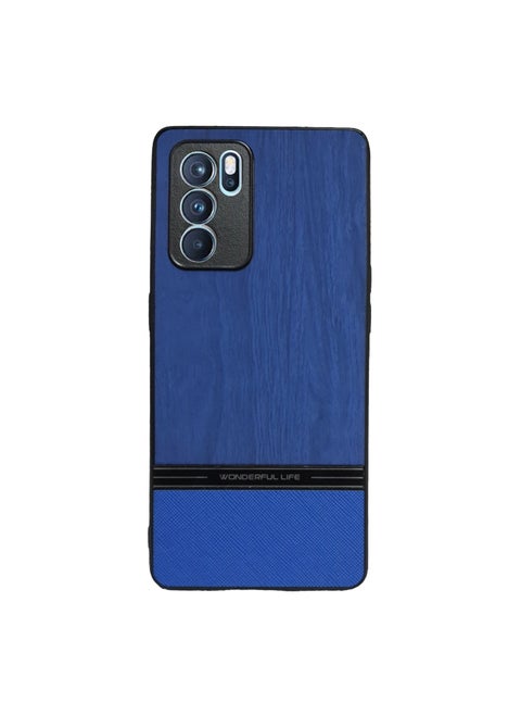 ELMO3EZZ Luxury PU Leather Shockproof Wooden Grain Design Phone Cover for Reno 6 Pro (Blue)