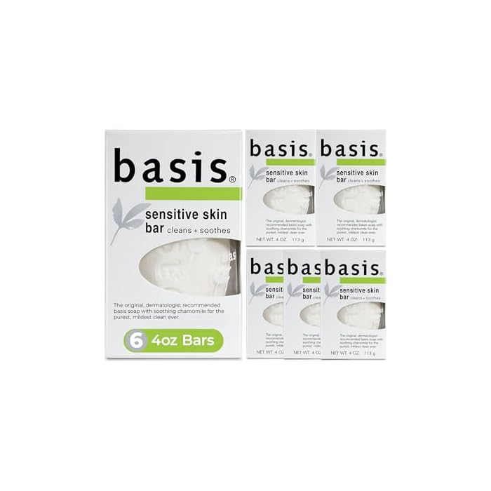 Basis Sensitive Skin Bar Soap for Body, Hands and Face, Unscented Soap Bar for Sensitive Skin with Chamomile and Aloe Vera, Bar Soap Bulk Pack, 4 Oz Bar, Pack of 6