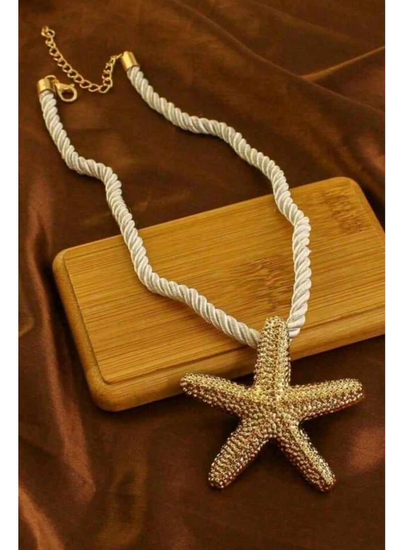 Shein Gold Starfish Rope Necklace Statement Starfish Pendant White Twisted Rope Chain Women Beach Style Coastal Girl Boho Summer Necklace All Year Gift - Image 3