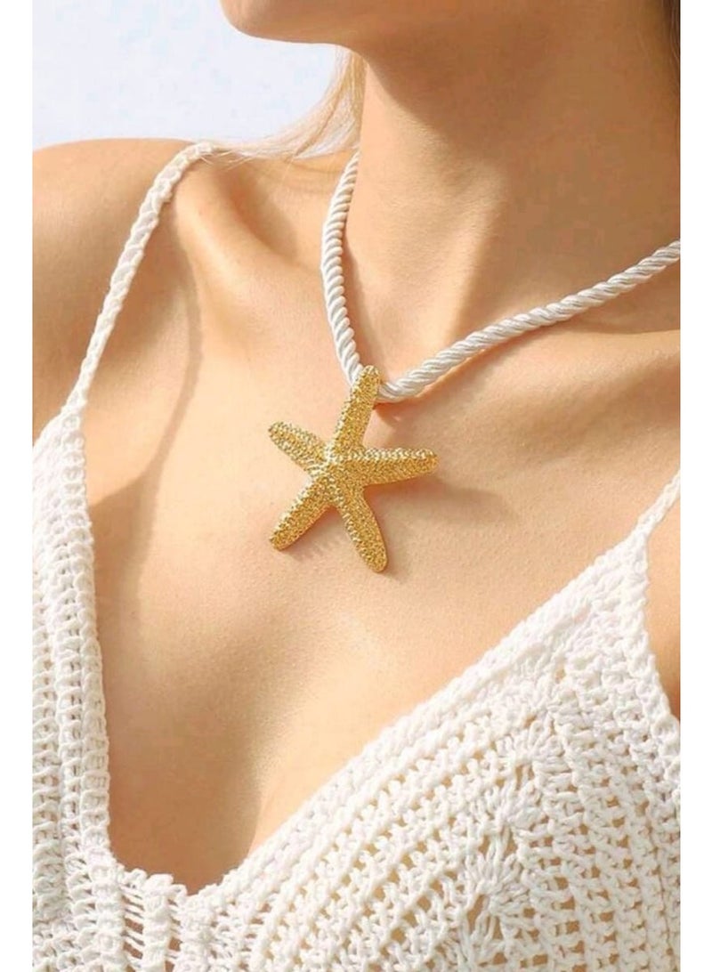 Shein Gold Starfish Rope Necklace Statement Starfish Pendant White Twisted Rope Chain Women Beach Style Coastal Girl Boho Summer Necklace All Year Gift - Image 1