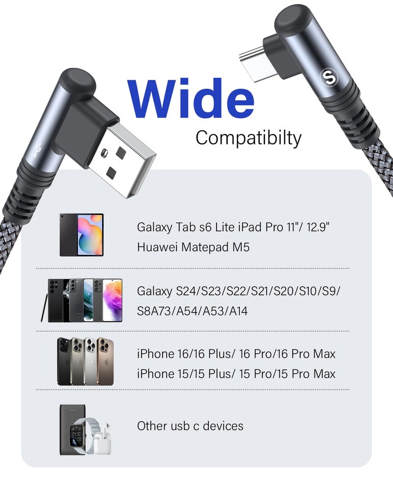 iPhone 17 Charger USB to Type C Cable 90 Degree 【2-Pack,10FT】 Fast Charging Cord for iPhone 17 16 15 Pro Max Plus Samsung Galaxy S25 S24 S23 S22 S21 S20 A54 A15 Note Flip LG Pixel Moto - Image 3