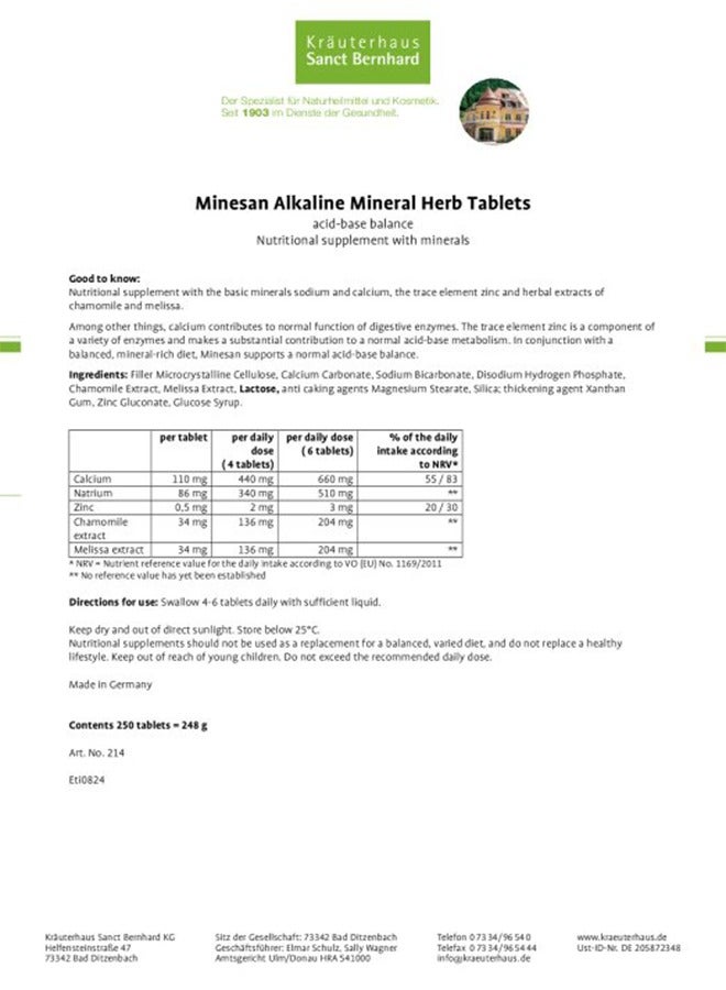 Sanct Bernhard Minesan Alkaline Mineral Herb ,Helps maintain the body’s natural pH balance and supports overall wellness and vitality ,250 Tablets Made in Germany - Image 4