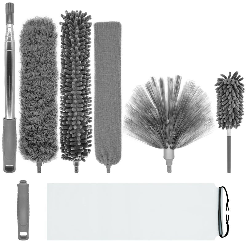 BrilliantRay منظف ميكروفايبر مع عمود تمديد قابل للتلسكوب 30100 بوصة مجموعة 4 رؤوس تنظيف و 1 منظف صغير قابل لإعادة الاستخدام قابل للانحناء قابل للغسل ريشة لتنظيف المراوح والشبكات والأسقف والستائر