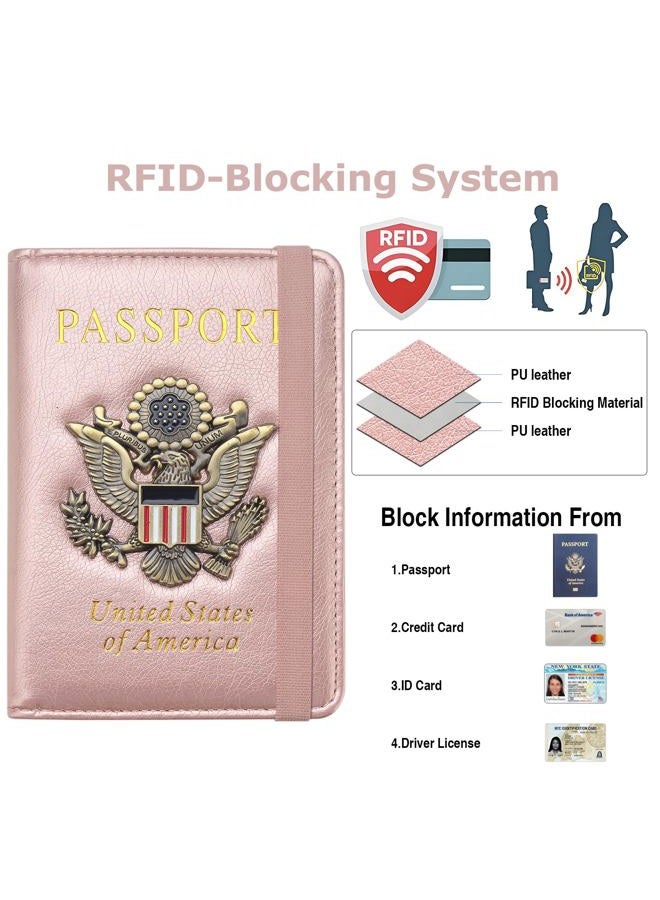 FACATH Passport Holder for Women, RFID Blocking Passport Wallet Card Slots, Passport Cover for Men/Women with Metal 3D Metal Badge, Travel Wallet Women Travel Accessories Document Organizer, Rose Gold - Image 2