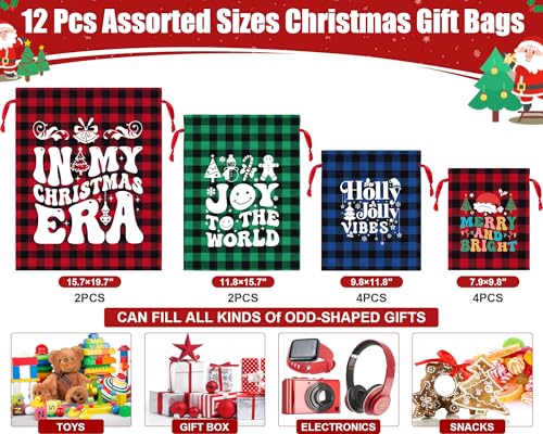 FLOE 12 PCS Christmas Drawstring Gift Bags with Tags Buffalo Plaid Xmas Gift Bags Assorted Sizes Bulk Cotton Fabric Holiday Bag Large Medium Small Wrapping Bag for Xmas Presents Decor Party Favors - Image 3
