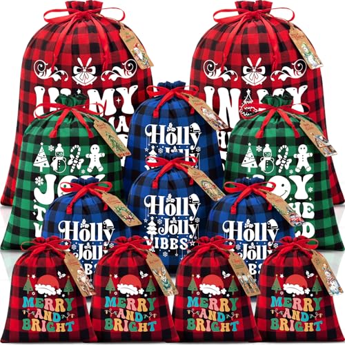 FLOE 12 PCS Christmas Drawstring Gift Bags with Tags Buffalo Plaid Xmas Gift Bags Assorted Sizes Bulk Cotton Fabric Holiday Bag Large Medium Small Wrapping Bag for Xmas Presents Decor Party Favors - Image 1