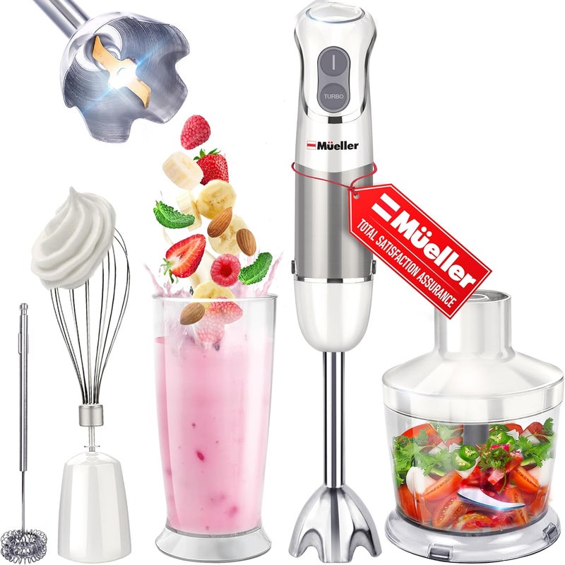 Mueller Multistick 800W 5-in-1 Immersion Blender Handheld, 12 Speed Hand Mixer - Turbo Boost, Heaviest Duty Copper Motor, Titanium Blades Blenders for Kitchen, Milk Frother Wand, Whisk, White - Image 1