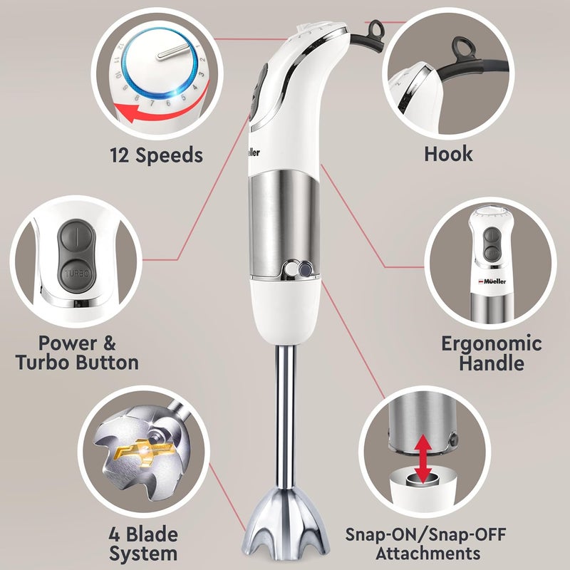 Mueller Multistick 800W 5-in-1 Immersion Blender Handheld, 12 Speed Hand Mixer - Turbo Boost, Heaviest Duty Copper Motor, Titanium Blades Blenders for Kitchen, Milk Frother Wand, Whisk, White - Image 3