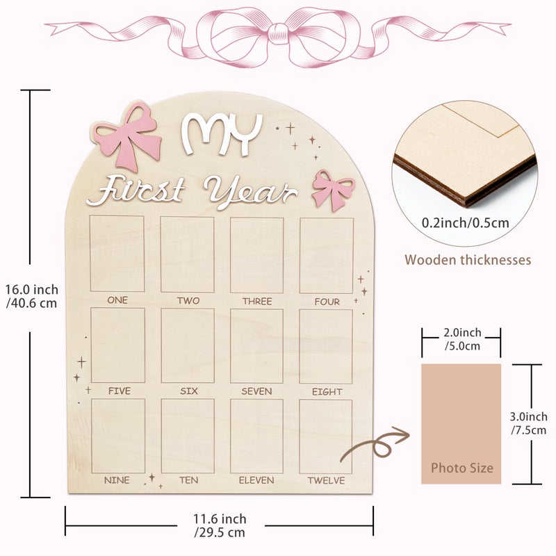 Aukolass Bow One Year of Photo Board, My First Year Photo Photo Board 12 Monthly Milestones Picture Frame for Baby Girl 1st Birthday Decorations (pink) (2" x 3") - Image 2