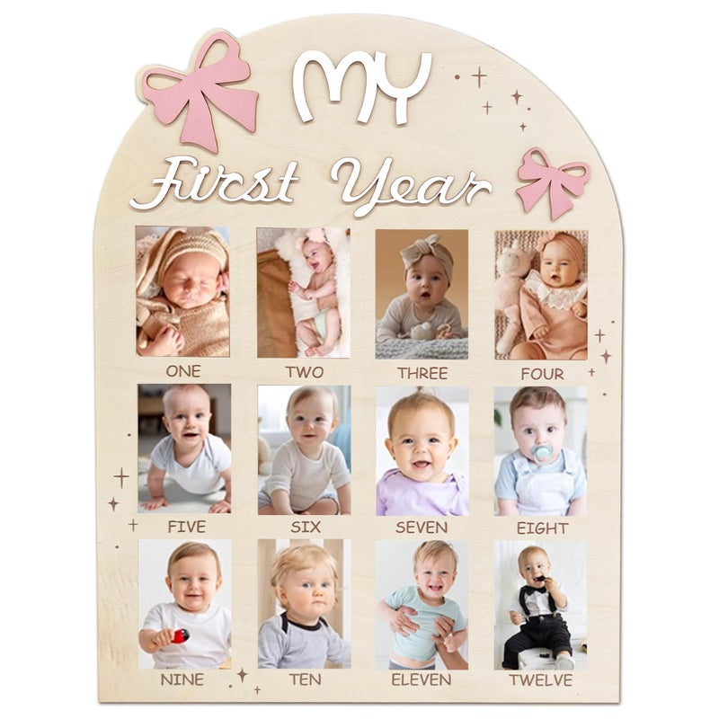 Aukolass Bow One Year of Photo Board, My First Year Photo Photo Board 12 Monthly Milestones Picture Frame for Baby Girl 1st Birthday Decorations (pink) (2" x 3") - Image 1