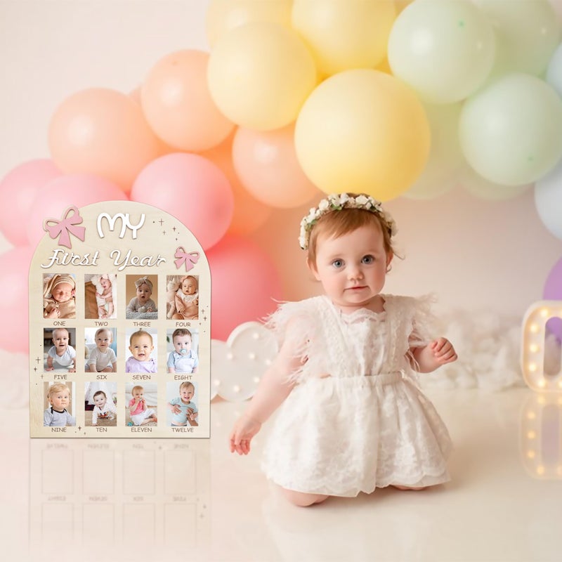 Aukolass Bow One Year of Photo Board, My First Year Photo Photo Board 12 Monthly Milestones Picture Frame for Baby Girl 1st Birthday Decorations (pink) (2" x 3") - Image 5