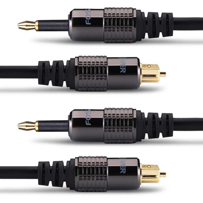 FosPower 24K Gold Plated Toslink to Mini Toslink Digital Fiber Optical S/PDIF Audio Cable with Metal Connectors & Strain-Relief PVC Jacket - 3ft/2Pack - Image 1