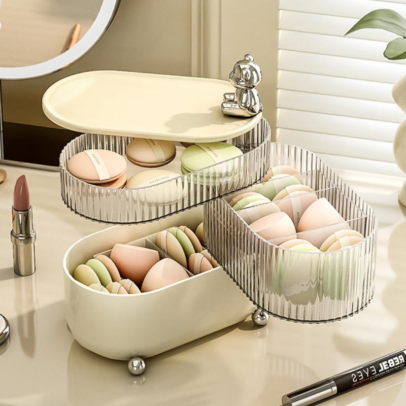 MorivaHomes Cosmetic Storage Organizer 360 Rotating 3 Layers MultiCompartments Desktop Cotton Pad Cosmetic Lipstick Makeup Brush Jewellery Holder for Countertop Vanity - Image 1