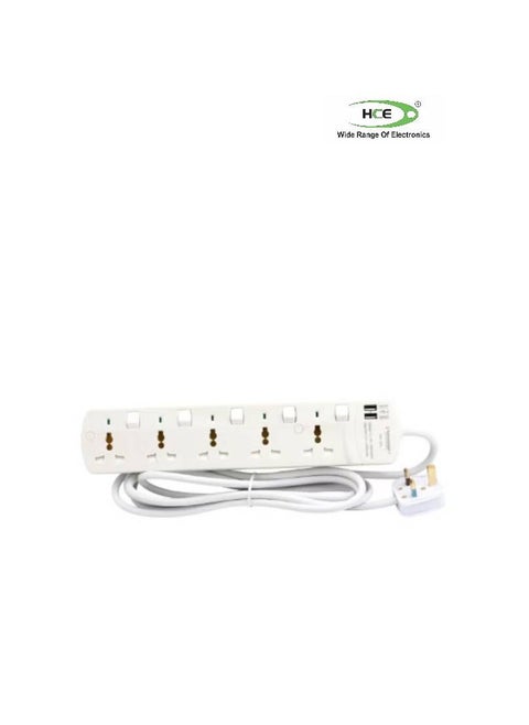 5-Way Universal Power Extension Socket With 2 USB Port White 35x5x12cm