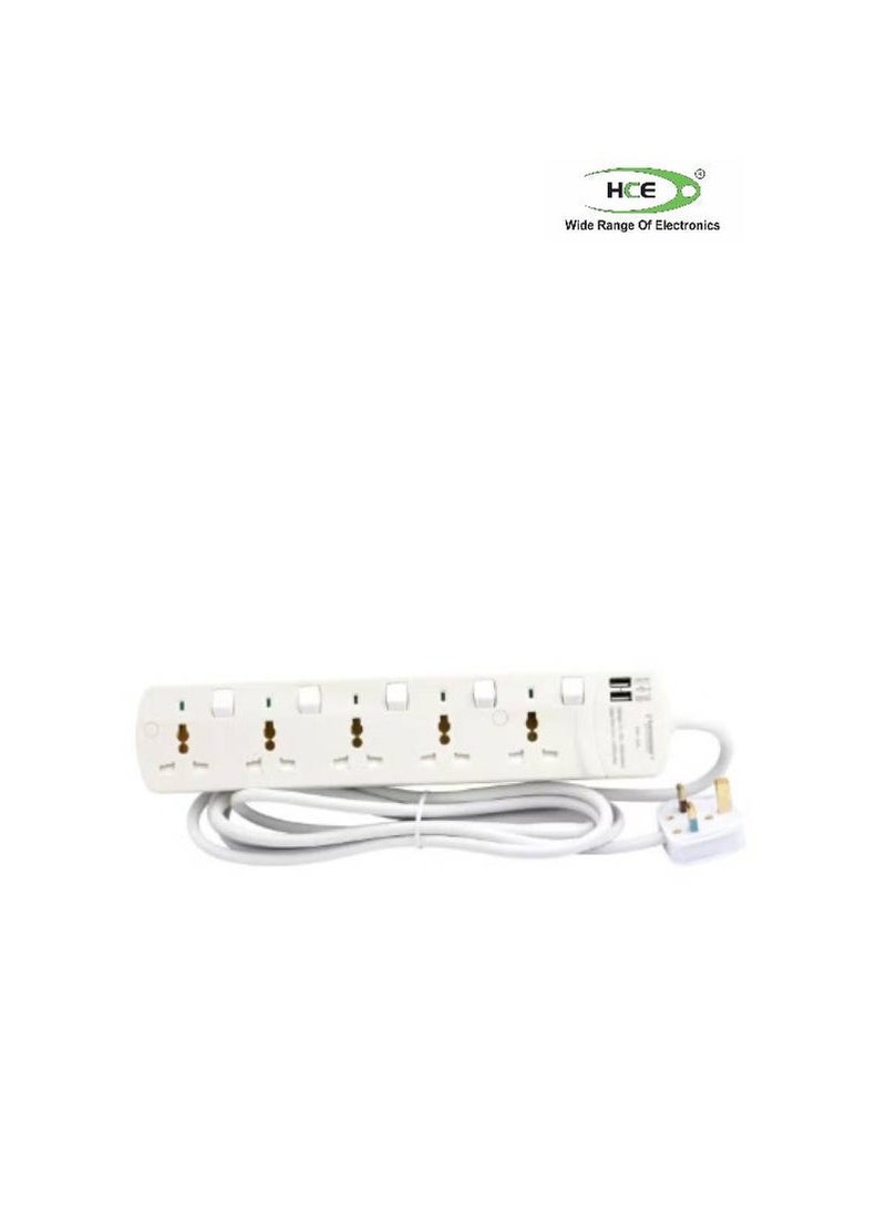 HCE 5-Way Universal Power Extension Socket With 2 USB Port White 35x5x12cm 