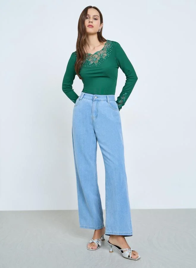 Take Two Dark Green Embellishment Detail Long Sleeve Top