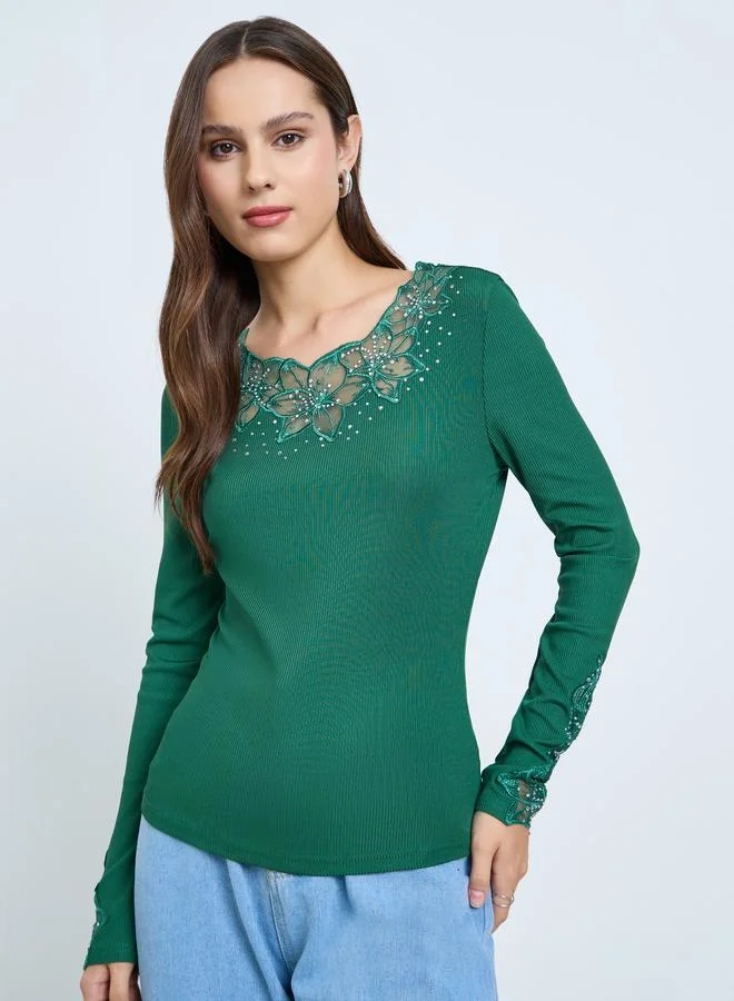 Take Two Dark Green Embellishment Detail Long Sleeve Top