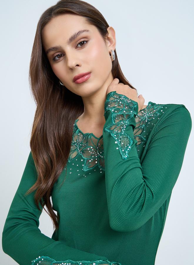 Take Two Dark Green Embellishment Detail Long Sleeve Top - Image 4
