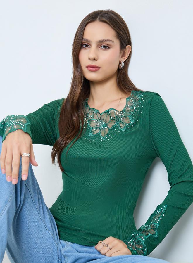 Take Two Dark Green Embellishment Detail Long Sleeve Top - Image 3