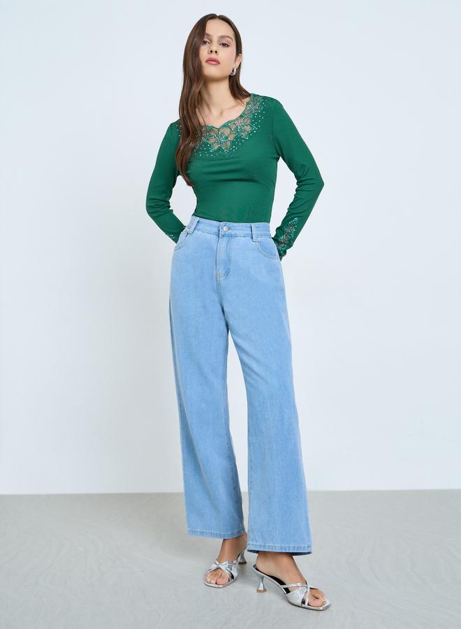 Take Two Dark Green Embellishment Detail Long Sleeve Top - Image 2