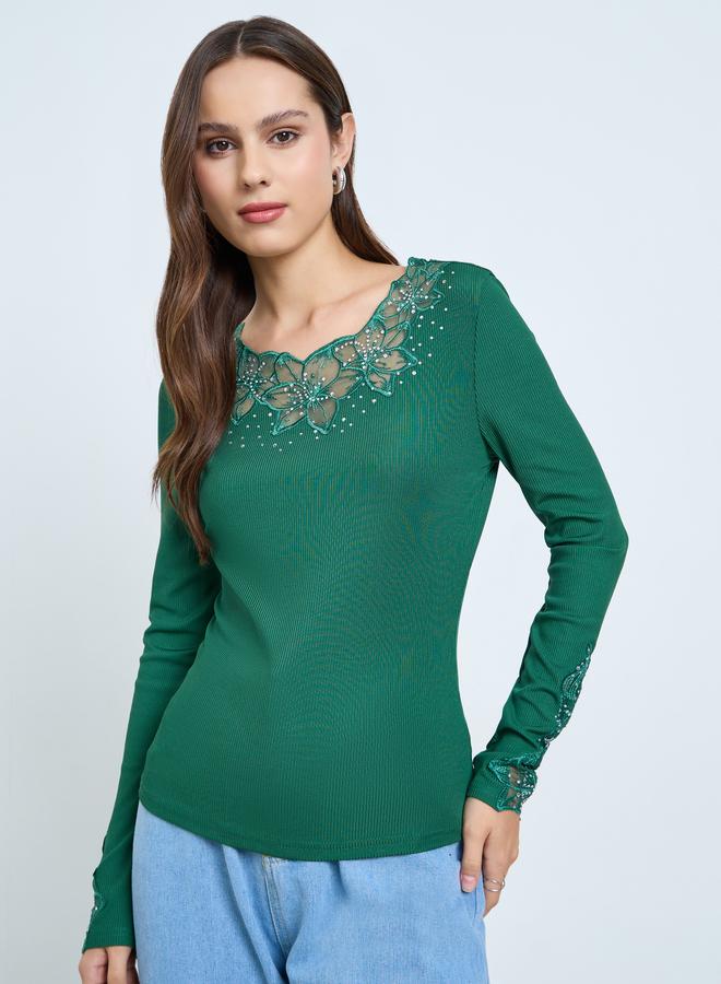 Take Two Dark Green Embellishment Detail Long Sleeve Top - Image 1