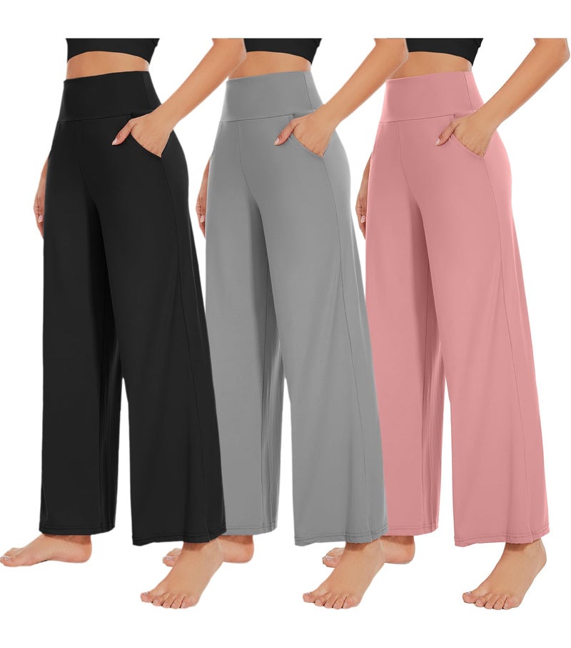 NEW YOUNG 3 Pack Women's Wide Leg Pants with Pockets High Waist Loose Sweatpants Casual Lounge Yoga Workout Palazzo - Image 1