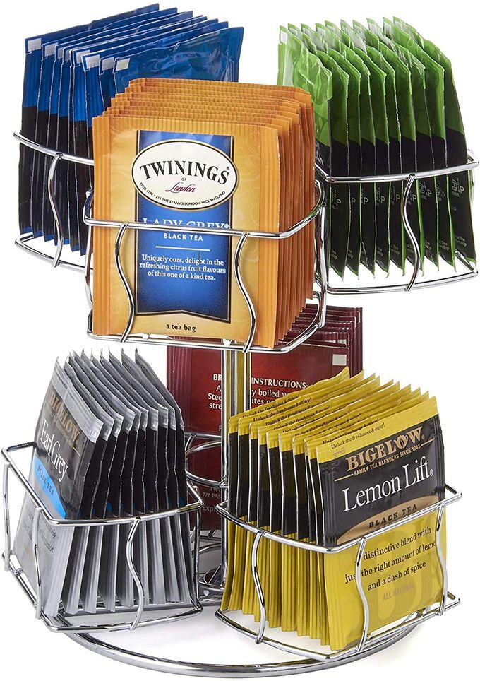 Nifty Solutions Nifty Tea Bag Spinning Carousel  6 Compartments, Up to 60 Tea Bags Storage, Spins 360-Degrees, Lazy Susan Platform, Modern Chrome Design, Home or Office Kitchen Counter Organizer - Image 1