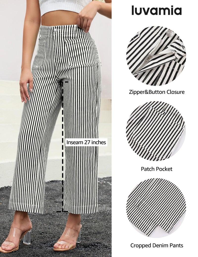 luvamia Striped High Waist Wide Leg Jeans for Women Cropped Trendy Wide Leg Black and White Striped Pants for Women High Waisted Country Concert Outfits Black Large US Size 12-14 - Image 4