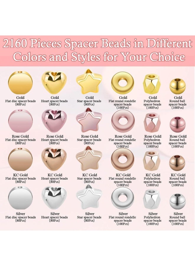 مجموعة 2160 قطعة من الخرزات الفضية لصنع الأساور، خرزات ذهبية صغيرة مستديرة متنوعة، لصنع المجوهرات (فضية، ذهبية، ذهبية وردية، ذهبية KC) - Image 3