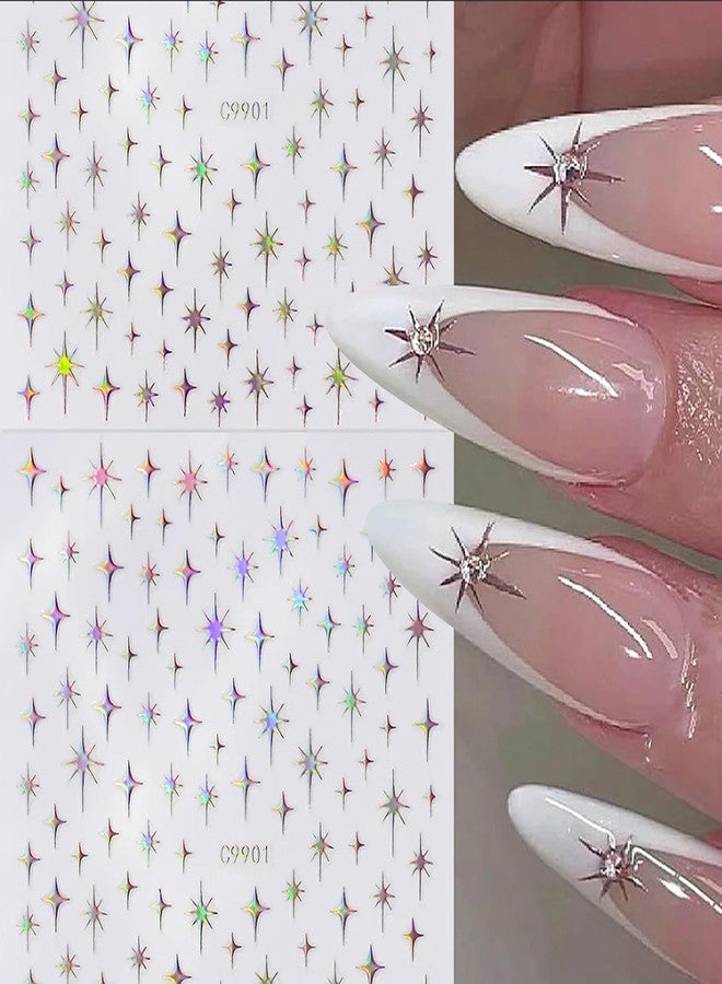 KZBTRBT Star Nail Art Sticker 3D Glitter Metallic Laser Starlight Nail Stickers Silver Star Champagne Gold Black Shiny Sparkle Star Nail Tip Foil Adhesive Decals for Woman DIY French Manicure Accessories 6pcs - Image 2