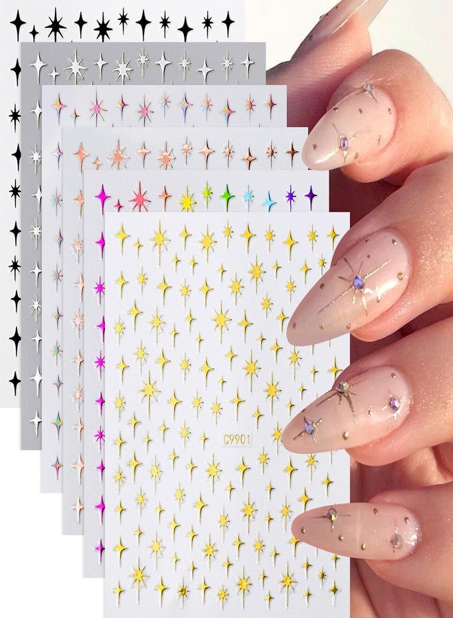 KZBTRBT Star Nail Art Sticker 3D Glitter Metallic Laser Starlight Nail Stickers Silver Star Champagne Gold Black Shiny Sparkle Star Nail Tip Foil Adhesive Decals for Woman DIY French Manicure Accessories 6pcs - Image 1
