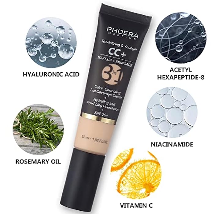 Hilareco PHOERA CC+ Cream,Full Coverage Foundation，Color Correcting Cream,Anti Aging Hydrating Serum & SPF 25+ Sunscreen - Natural Finish - 1.08 fl oz (160 Sand) - Image 4