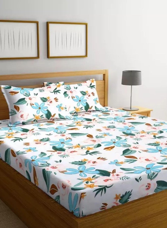 Purav Light Glace Cotton Fitted Elastic Double Bed Bedsheet| Floral Printed Cotton Bedsheet with 2 Pillow Cover for King Size Bed| Supersoft 340 TC| Breathable|Wrinklefree|Size: 72x78 inch,Blue White - Image 1