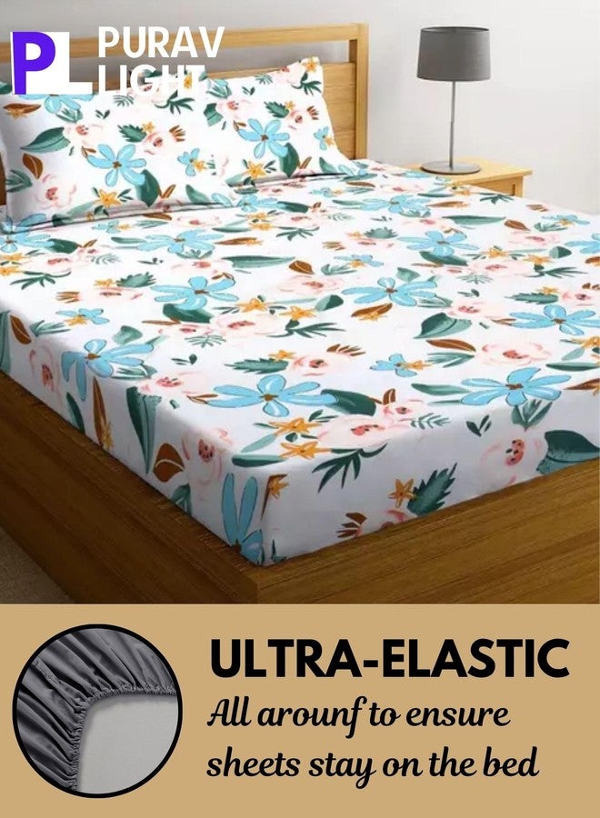 Purav Light Glace Cotton Fitted Elastic Double Bed Bedsheet| Floral Printed Cotton Bedsheet with 2 Pillow Cover for King Size Bed| Supersoft 340 TC| Breathable|Wrinklefree|Size: 72x78 inch,Blue White - Image 2
