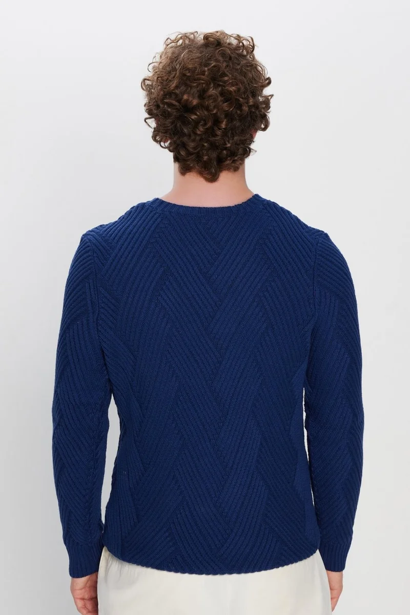 Tudors Men's Slim Fit Slim Cut Cotton Patterned Soft Textured Saxe Blue Crew Neck Sweater