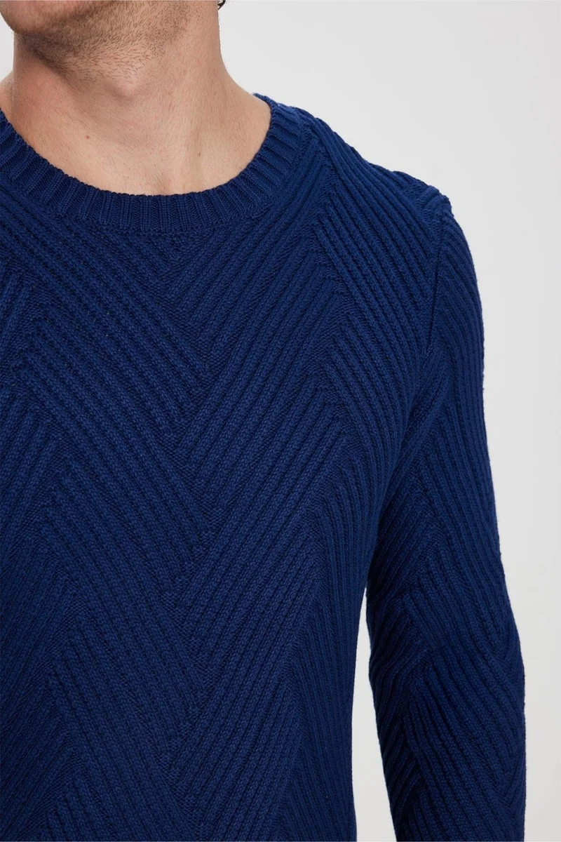 Tudors Men's Slim Fit Slim Cut Cotton Patterned Soft Textured Saxe Blue Crew Neck Sweater
