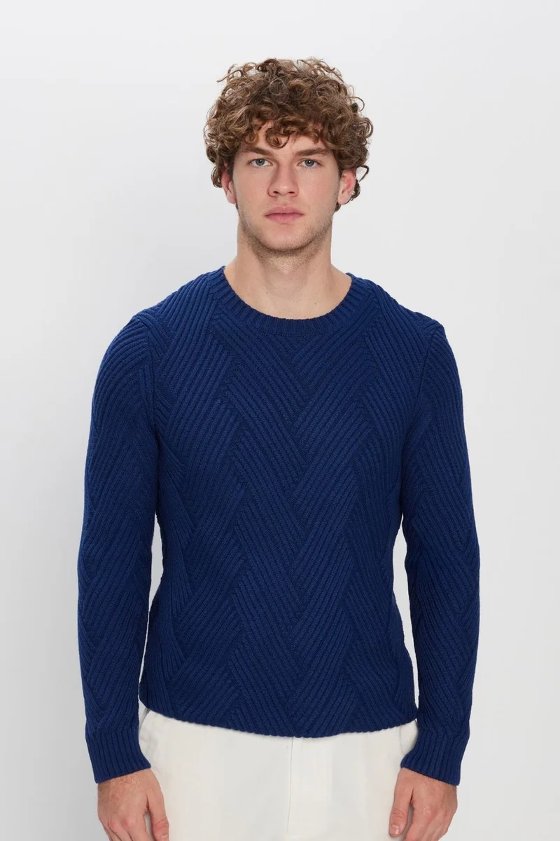 Tudors Men's Slim Fit Slim Cut Cotton Patterned Soft Textured Saxe Blue Crew Neck Sweater
