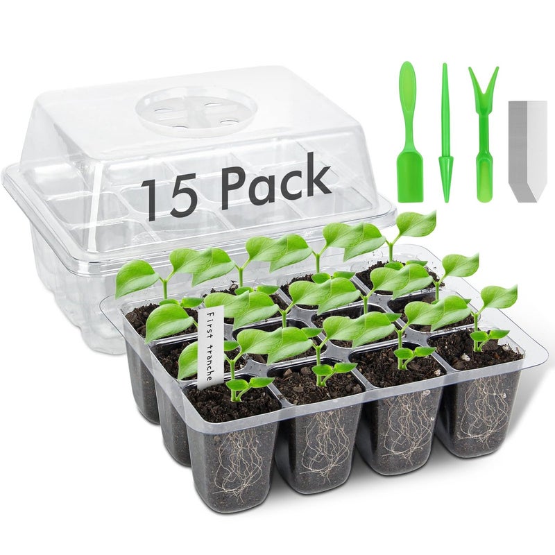 ZOUTOG Seed Starter Tray 15 Pack 180Cell Reusable Plant Germination Trays with Humidity Dome and Drainage Hole Bonus 3 Seedling Tools 100 Plant Labels Indoor Outdoor Use