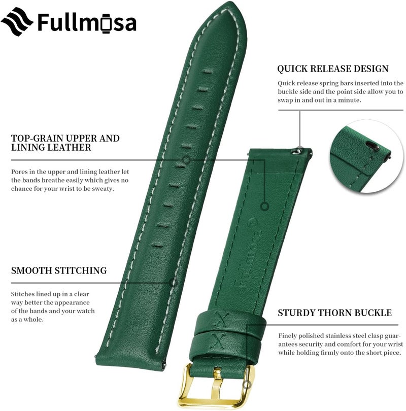 Fullmosa Quick Release Leather Watch Strap - Dark Green with Golden Buckle - Image 5